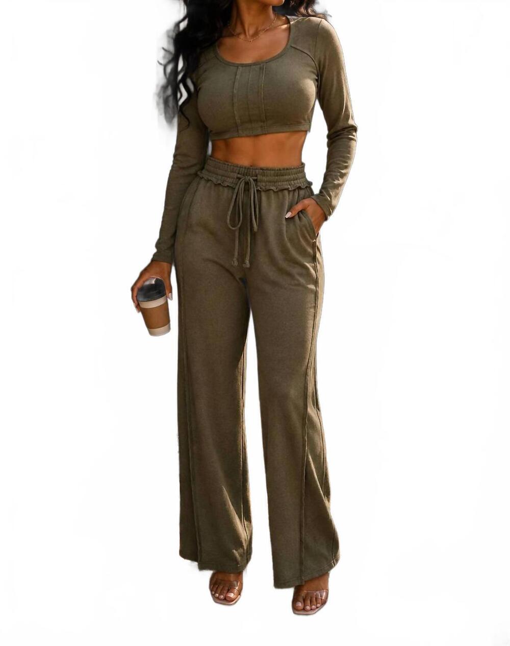 NEW SURELYMINE sloane mineral wash crop top and wide-leg pants set in olive